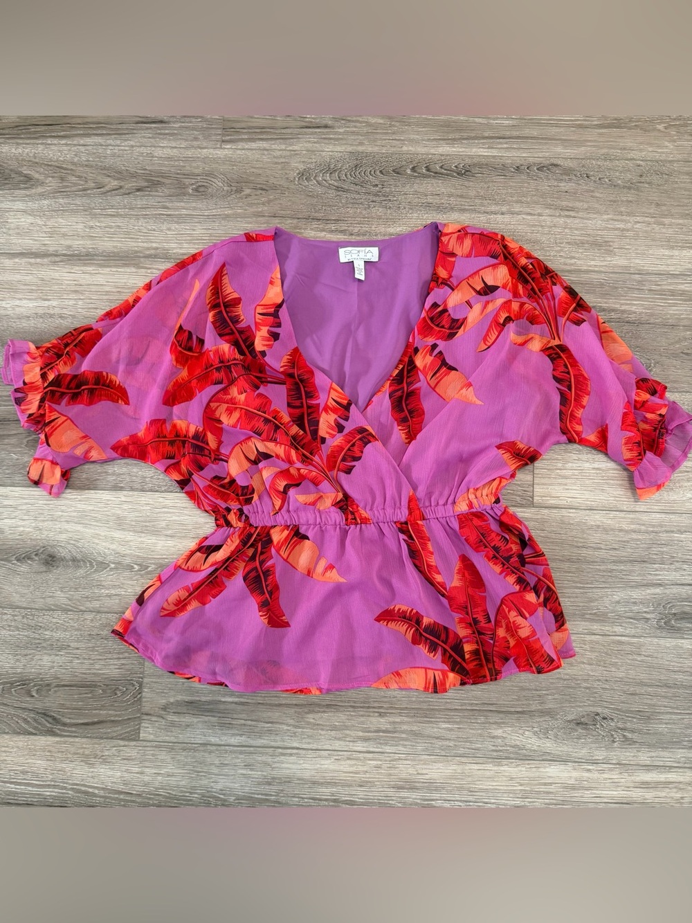 Purple Tropical-Print V-Neck Blouse